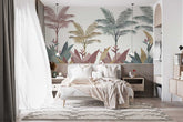 Wall mural with lush greenery and realistic plant illustrations for home decor.
